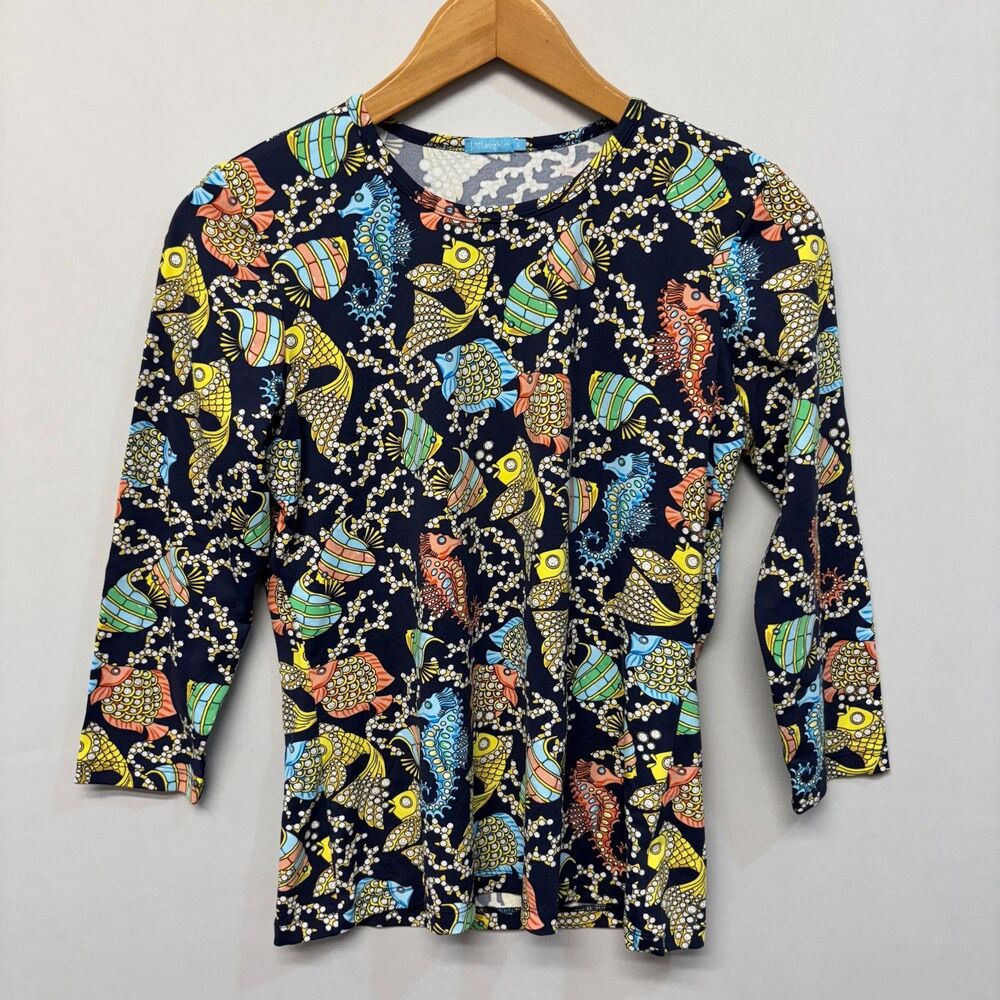 J McLaughlin 3/4 Sleeve Tee T-Shirt Top Size Small Catalina Cloth Fish C056 -11